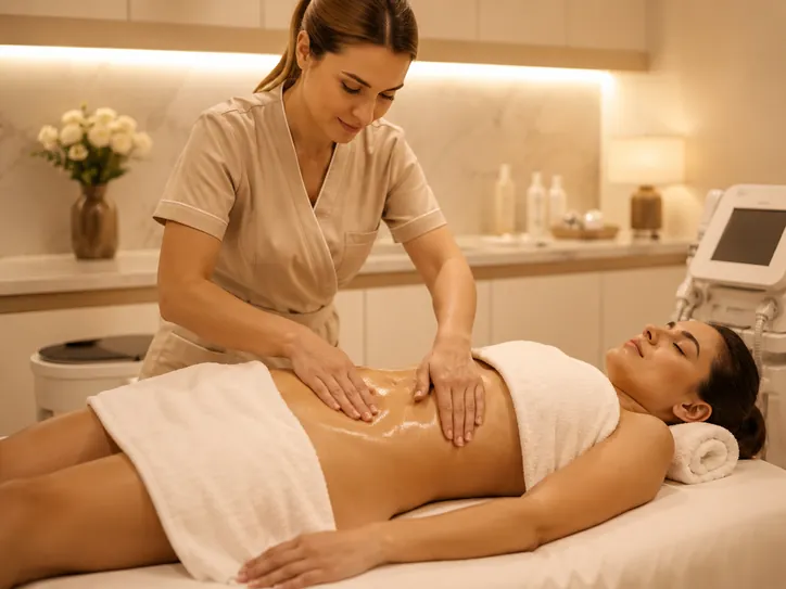 Profissional fazendo massagem no abdômen de uma cliente deitada