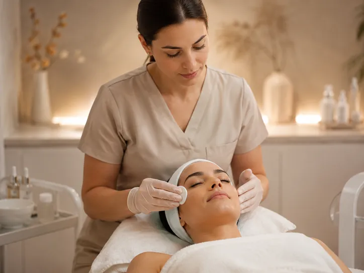 Profissional de luvas fazendo cuidado facial em uma cliente com faixa no cabelo