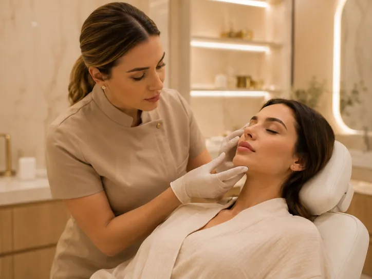 Profissional avaliando o rosto de uma cliente para harmonização facial