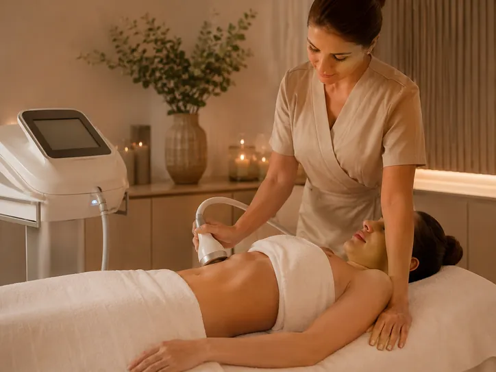 Profissional usando equipamento estético no corpo de uma cliente